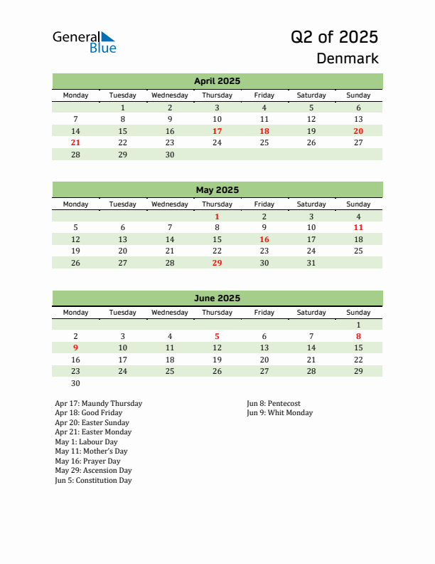 Quarterly Calendar 2025 with Denmark Holidays