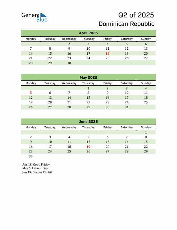 Quarterly Calendar 2025 with Dominican Republic Holidays