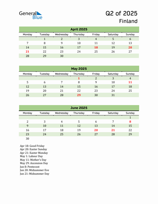 Quarterly Calendar 2025 with Finland Holidays