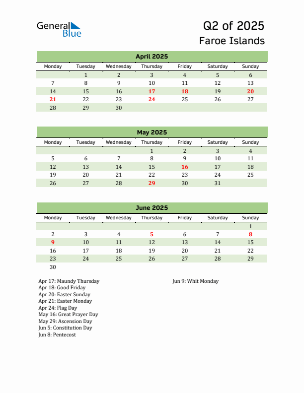 Quarterly Calendar 2025 with Faroe Islands Holidays