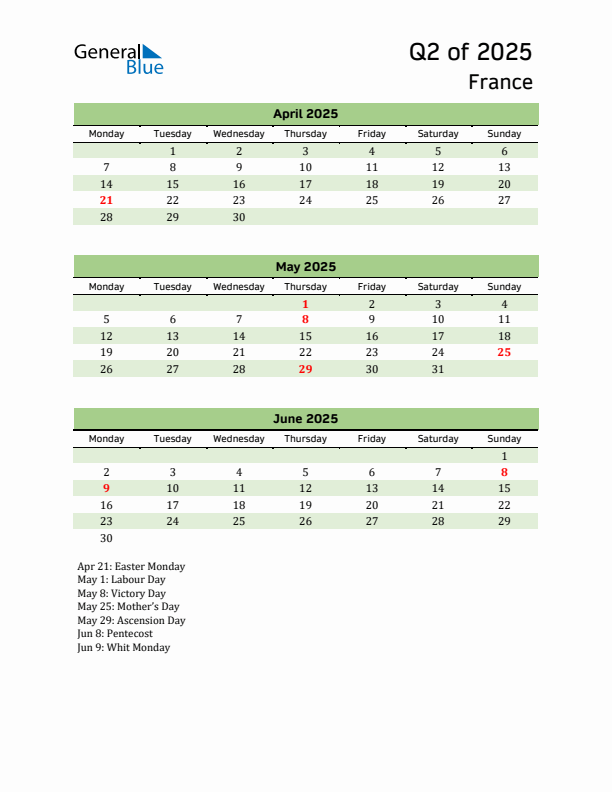 Quarterly Calendar 2025 with France Holidays