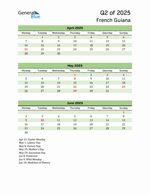 Quarterly Calendar 2025 with French Guiana Holidays