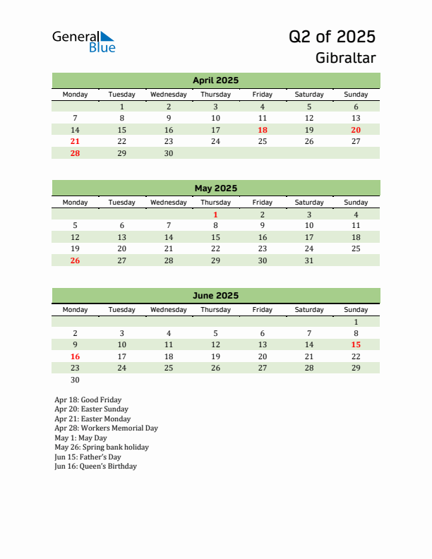 Quarterly Calendar 2025 with Gibraltar Holidays