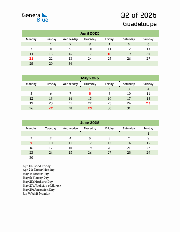 Quarterly Calendar 2025 with Guadeloupe Holidays