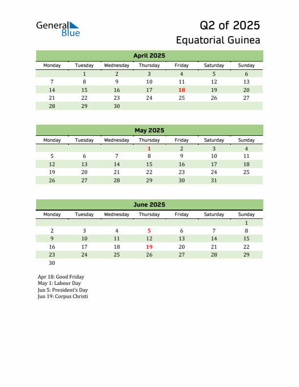 Quarterly Calendar 2025 with Equatorial Guinea Holidays