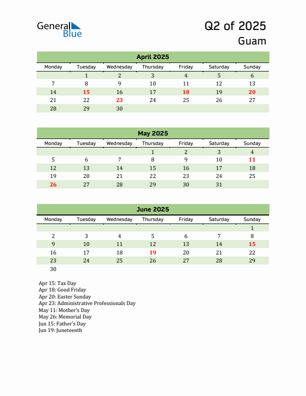 Quarterly Calendar 2025 with Guam Holidays