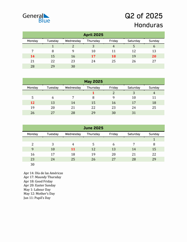 Quarterly Calendar 2025 with Honduras Holidays