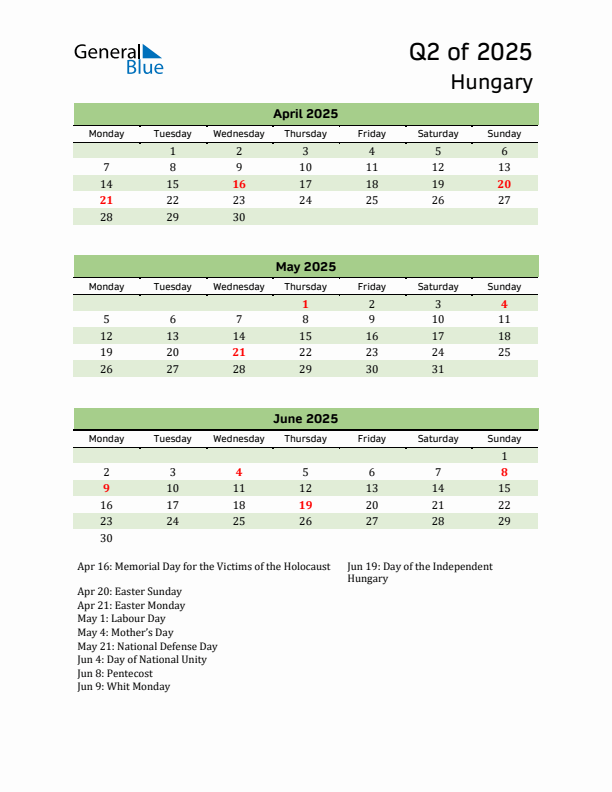 Quarterly Calendar 2025 with Hungary Holidays