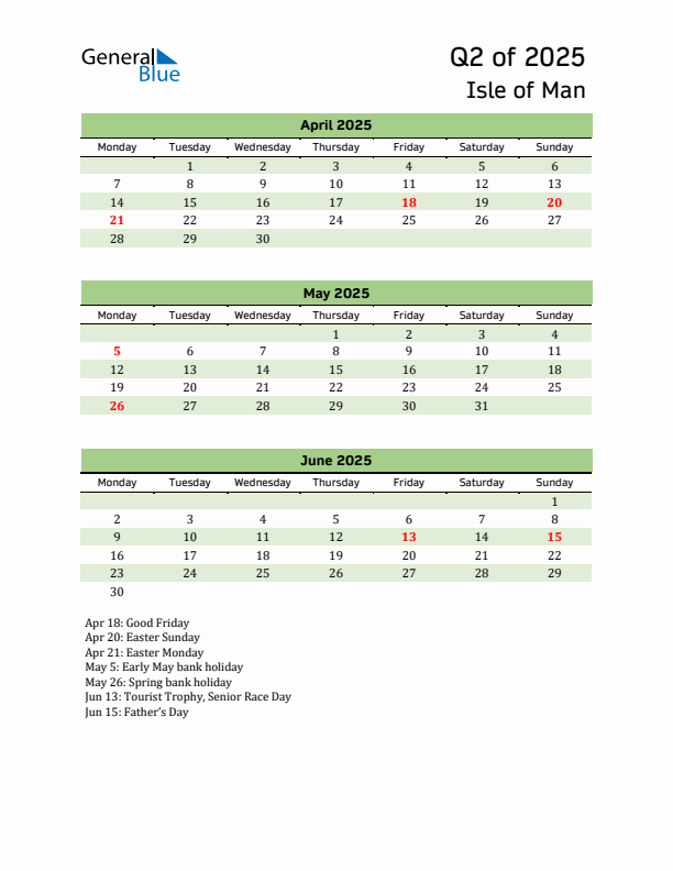 Quarterly Calendar 2025 with Isle of Man Holidays