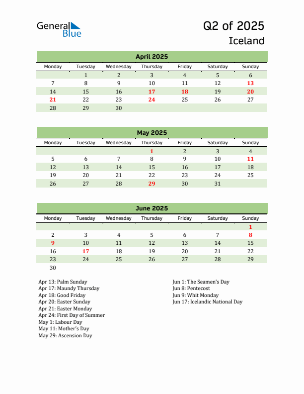 Quarterly Calendar 2025 with Iceland Holidays