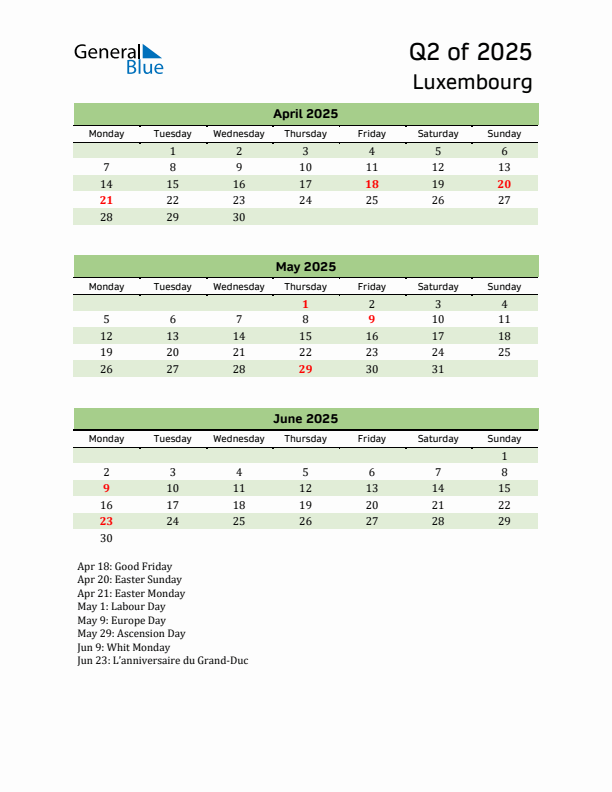 Quarterly Calendar 2025 with Luxembourg Holidays