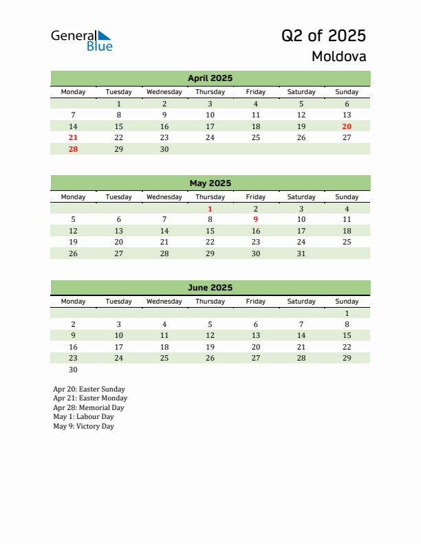 Quarterly Calendar 2025 with Moldova Holidays