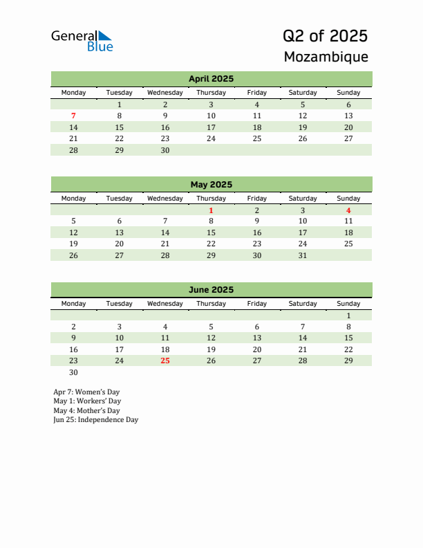 Quarterly Calendar 2025 with Mozambique Holidays