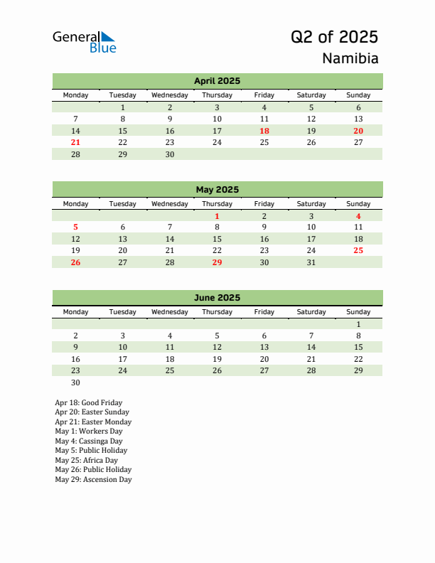 Quarterly Calendar 2025 with Namibia Holidays