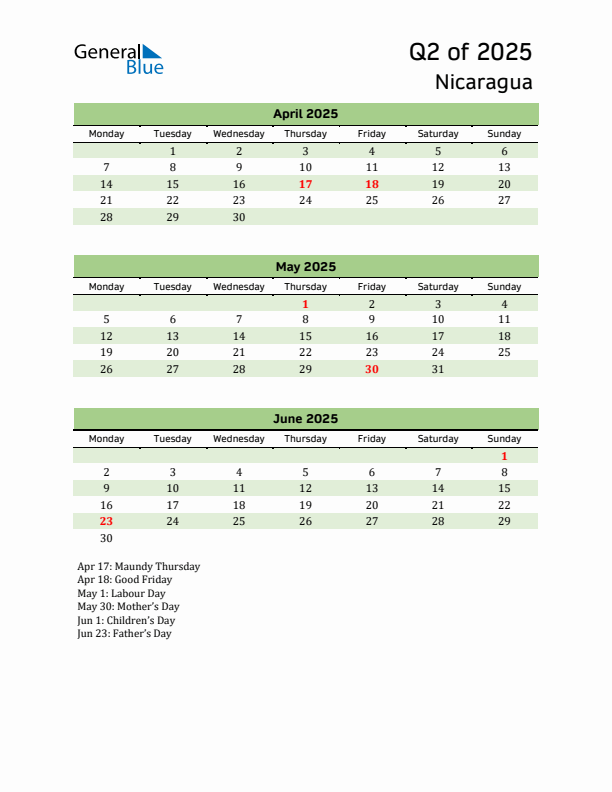 Quarterly Calendar 2025 with Nicaragua Holidays