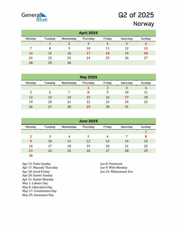 Quarterly Calendar 2025 with Norway Holidays