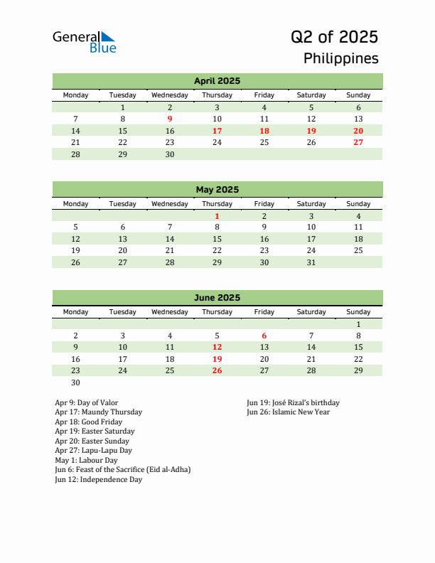 Quarterly Calendar 2025 with Philippines Holidays