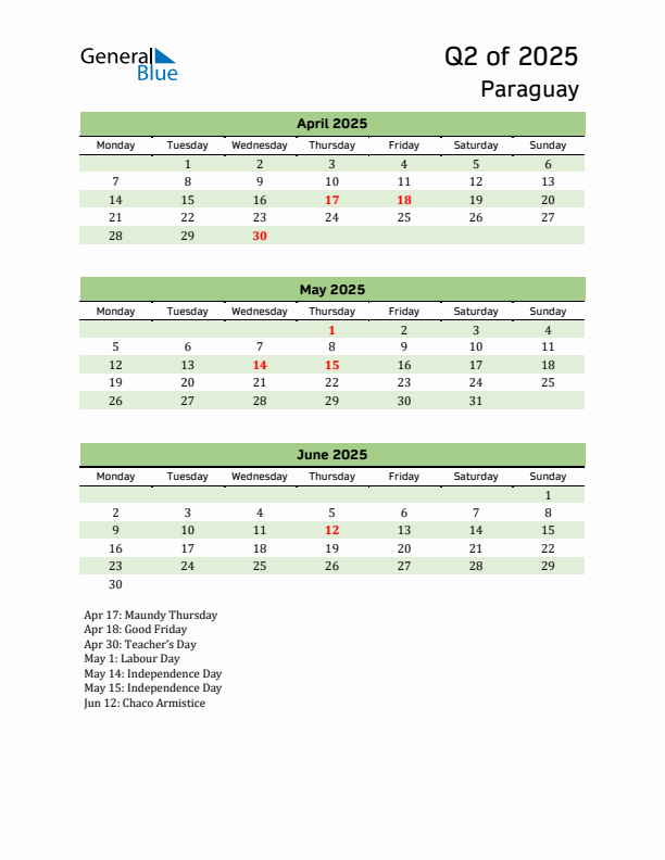 Quarterly Calendar 2025 with Paraguay Holidays