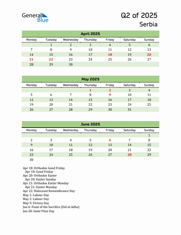 Quarterly Calendar 2025 with Serbia Holidays