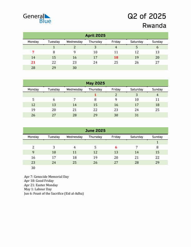 Quarterly Calendar 2025 with Rwanda Holidays