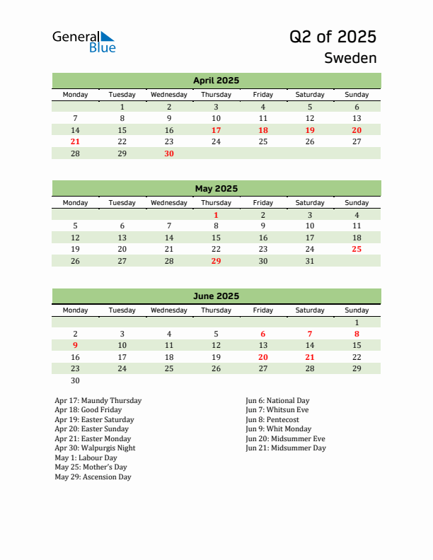 Quarterly Calendar 2025 with Sweden Holidays