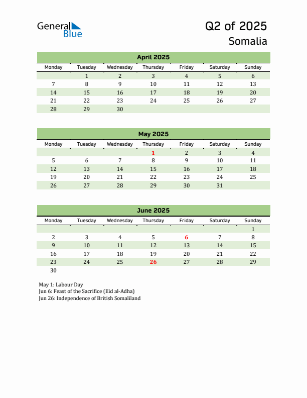 Quarterly Calendar 2025 with Somalia Holidays