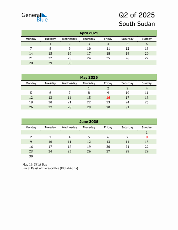 Quarterly Calendar 2025 with South Sudan Holidays