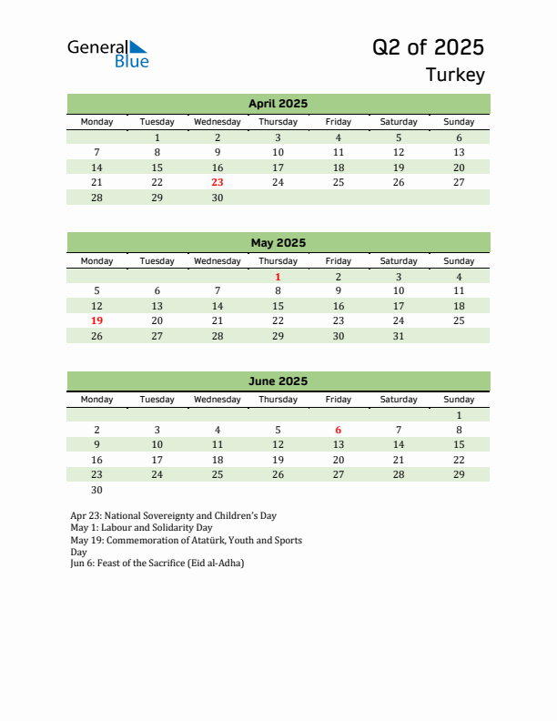 Quarterly Calendar 2025 with Turkey Holidays