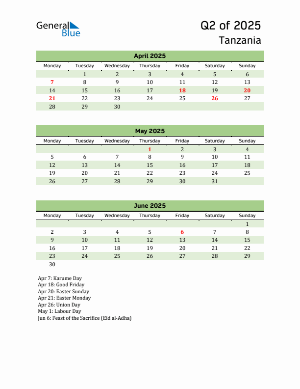 Quarterly Calendar 2025 with Tanzania Holidays