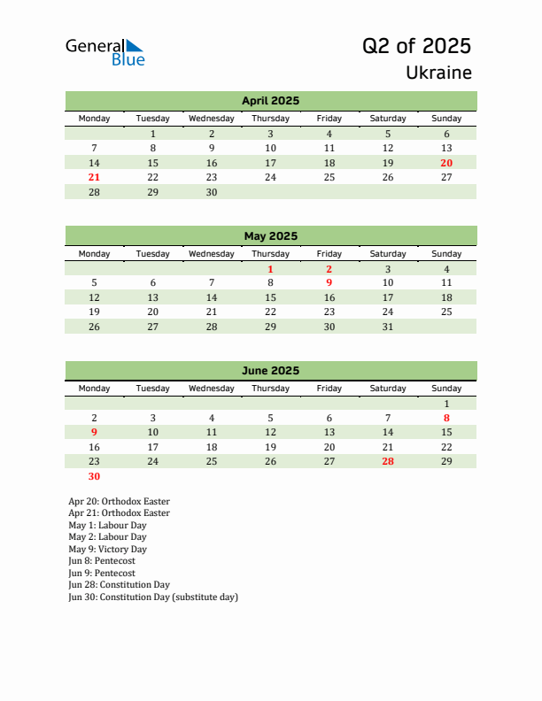 Quarterly Calendar 2025 with Ukraine Holidays