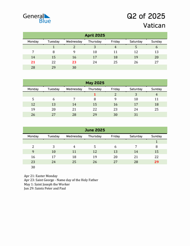 Quarterly Calendar 2025 with Vatican Holidays