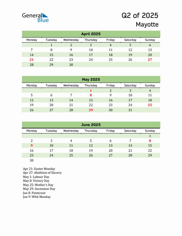 Quarterly Calendar 2025 with Mayotte Holidays