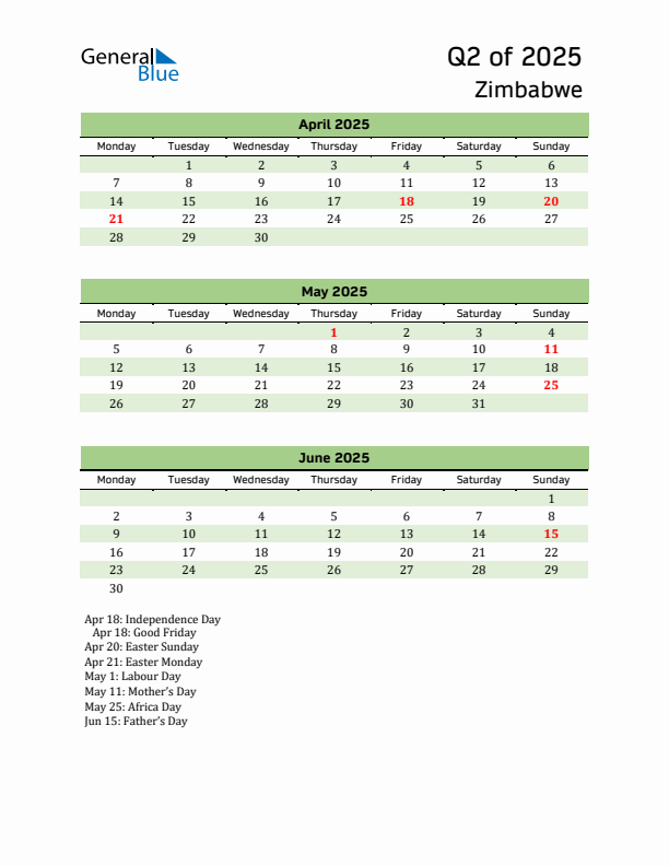 Quarterly Calendar 2025 with Zimbabwe Holidays