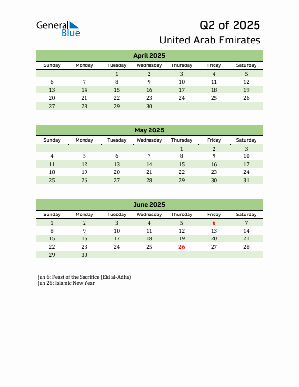 Quarterly Calendar 2025 with United Arab Emirates Holidays