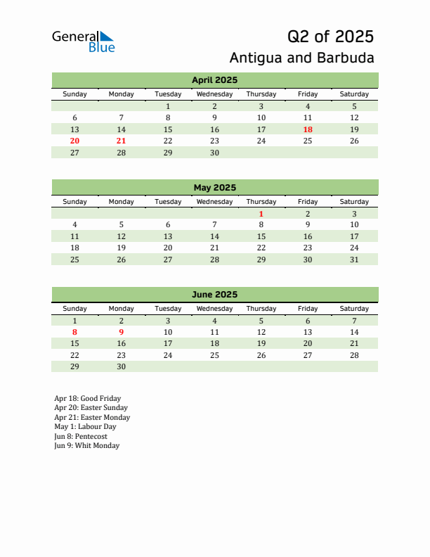 Quarterly Calendar 2025 with Antigua and Barbuda Holidays