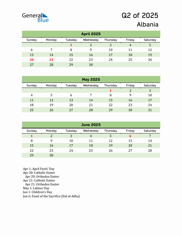 Quarterly Calendar 2025 with Albania Holidays