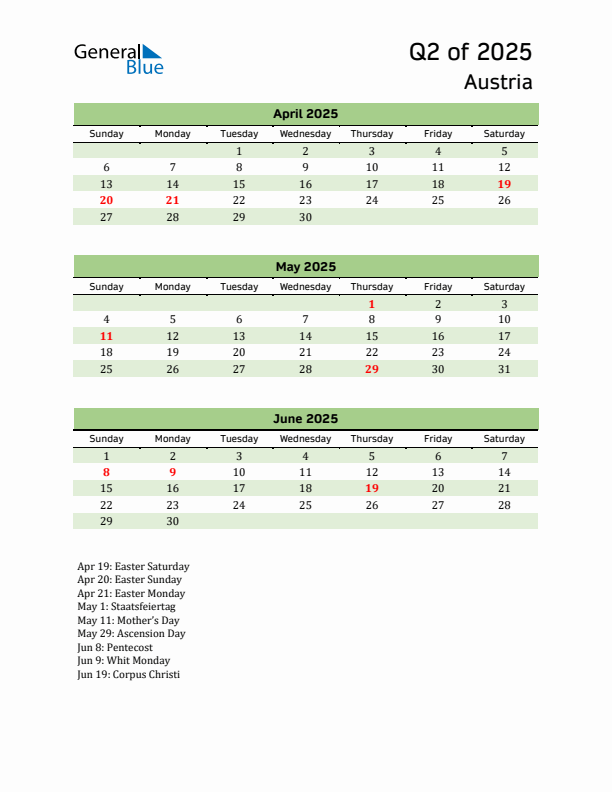 Quarterly Calendar 2025 with Austria Holidays