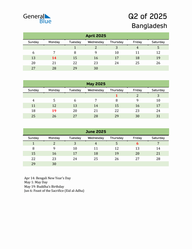 Quarterly Calendar 2025 with Bangladesh Holidays