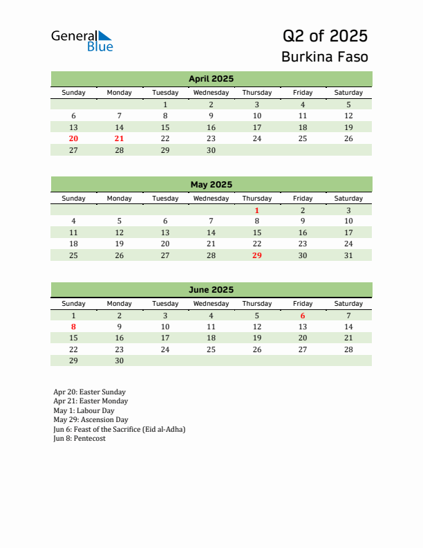 Quarterly Calendar 2025 with Burkina Faso Holidays