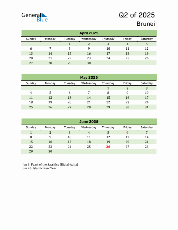 Quarterly Calendar 2025 with Brunei Holidays