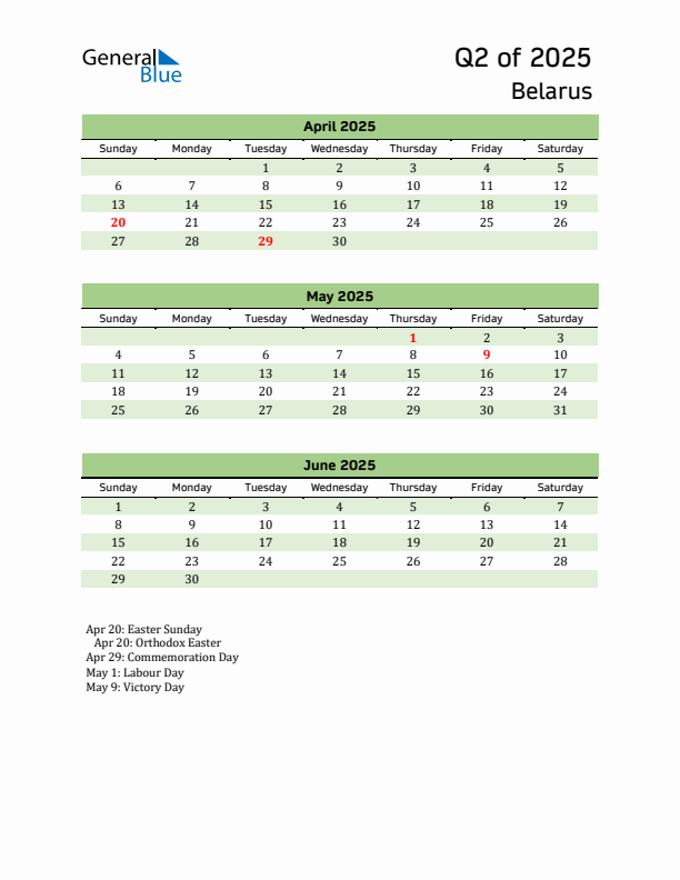 Quarterly Calendar 2025 with Belarus Holidays