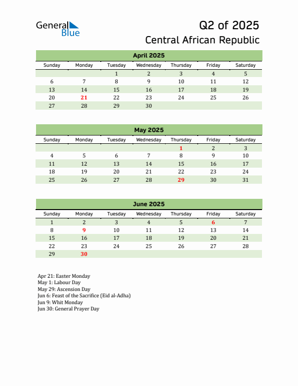 Quarterly Calendar 2025 with Central African Republic Holidays