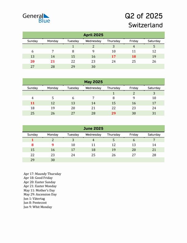 Quarterly Calendar 2025 with Switzerland Holidays