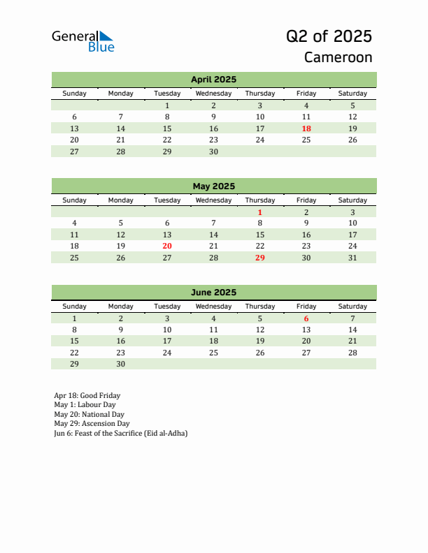 Quarterly Calendar 2025 with Cameroon Holidays