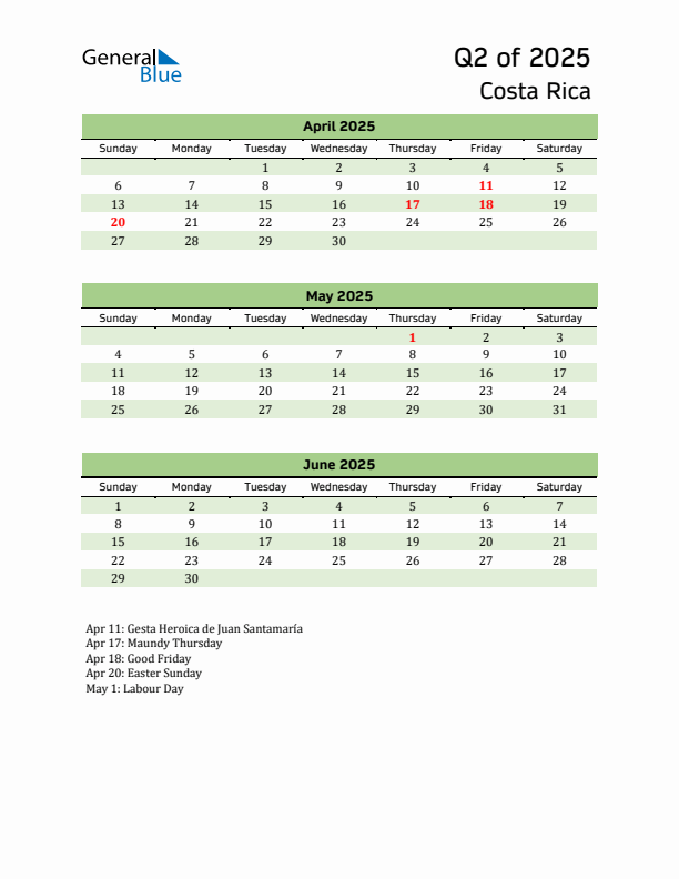 Quarterly Calendar 2025 with Costa Rica Holidays