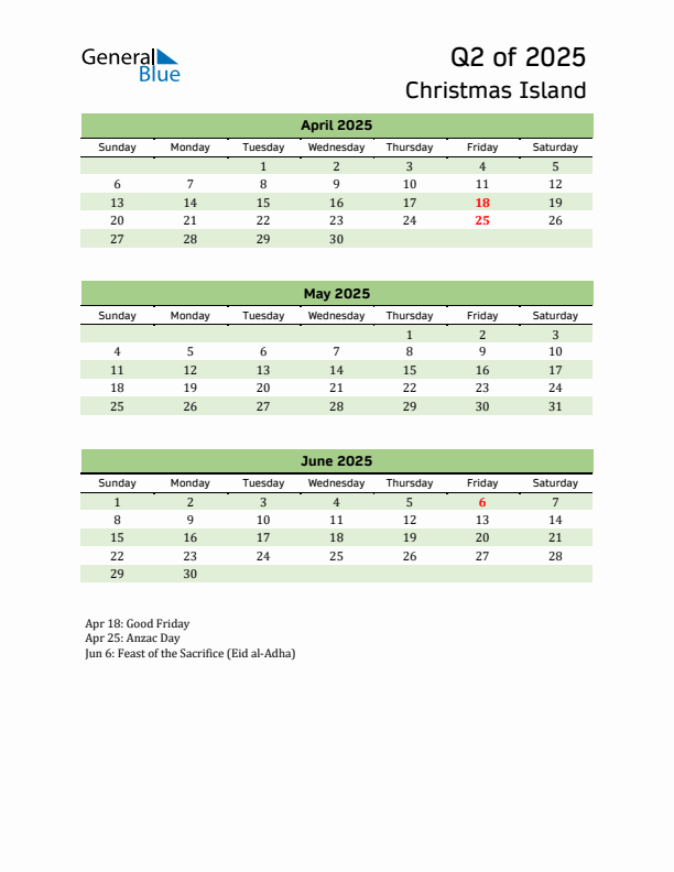 Quarterly Calendar 2025 with Christmas Island Holidays