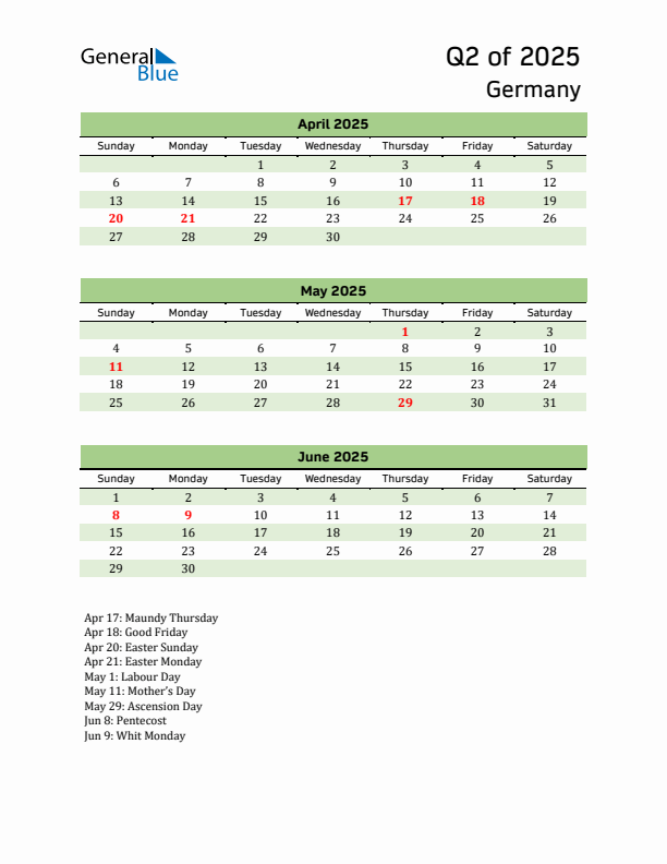 Quarterly Calendar 2025 with Germany Holidays