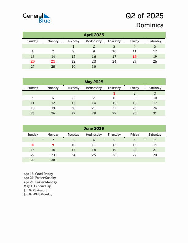 Quarterly Calendar 2025 with Dominica Holidays