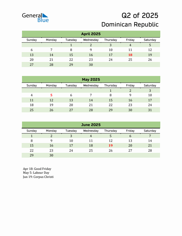 Quarterly Calendar 2025 with Dominican Republic Holidays