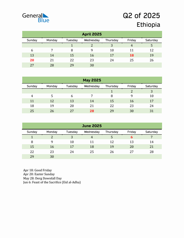 Quarterly Calendar 2025 with Ethiopia Holidays